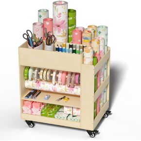 yeshine Wrapping Paper Organizer Storage, Rolling Gift Wrap Station for Ribbons and Gift Bag, Wrapping Paper Roll Holder, Art Supply Cart Wood, Christmas Craft Organizers and Storage, Poster Holder
