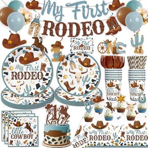 168 PCS My First Rodeo Decorations Boy, First Rodeo Birthday Tableware Set with Cake Topper, Cupcake Topper, Tablecloth, Plates and Balloons for Boy 1st Birthday Decorations