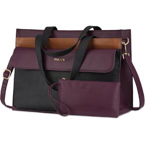MOSISO Laptop Tote Bag, 15.6 inch PU Leather Tote for Women Professional Handbag with Flapover Pocket&Clutch Purse, Waterproof Shoulder Computer Bag Work Briefcase for Business Office, Plum