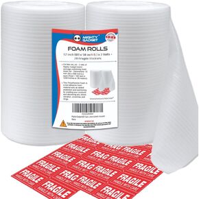 Foam Wrap Rolls 12" Wide x 50 Feet x 2 Rolls (Total 100 Feet) for Cushioning Moving Packing (Perforated Every 12") and 20 Fragile Stickers Labels Included