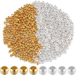 1 Box 2000Pcs 2mm Crimp Beads Metal Round Crimp Beads Gold Silver Spacer Stopper Bead Clamp Ends Rondelle Crimper Bead for Jewelry Making Supplies Crimping Beads DIY Bracelet Earring Crafts
