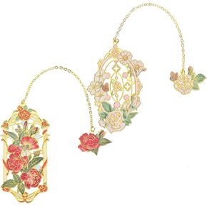 2Pcs Metal Bookmarks, Rose Bookmarks for Women, Beautiful Flower Bookmark with Chain, Pretty Book Marks for Reading