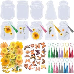 20 Sets Pressed Flower Bookmarks Transparent Bottle Bookmark with Dried Flowers Tassels Butterflies Stickers for Kids Gifts