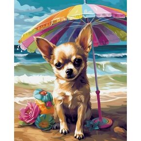 XTXGERL Paint by Numbers Kit for Adults Beginner Chihuahua Dog on Beach Vacation Oil Paingting Kits Drawing DIY Acrylic Arts Craft Kit Gift for Home Decor 16x20 Inch