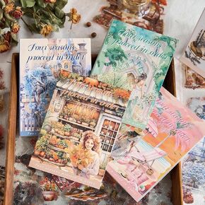 Snycler 80 Sheets PET Stickers - Vintage Journaling, Scrapbooking Supplies, DIY Craft Stickers for Junk Journals, Ephemera Sticker Book, Seasonal Themes (Spring Summer Autumn Winter), Pre-Cut Designs