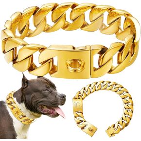 Heavy Duty Gold Dog Chain Collar for Large Dogs 32mm Wide Strong Stainless Steel Chew Proof Solid Cuban Link Dog Chains Training Walking Collars for Bully Pitbull Big Breeds(Gold,24inches)