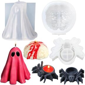 3 Pack Halloween Candle Molds Kit, 3D Halloween Ghosts Candle Molds Spider Silicone Mold Simulated Human Brain Mold for Epoxy Resin, Candle, Handmade Soap, Halloween Decor