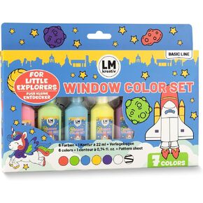 Window Cling Paint Set - Little Explorers - 7 Stained Glass Paints (0.74 fl oz each), Black Outline Paint Included, 14 Fun Templates for DIY Faux Stained Glass Art and Crafts