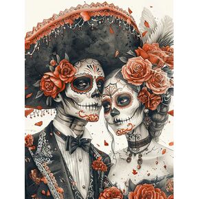Reofrey DIY Diamond Art Kits for Adults Skeleton, Couple Full Drill Round Rhinestone Diamond Painting Kits, Cross Stitch Embroidery Canvas for Crafts Home Wall Decor 30x40cm