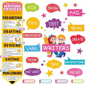 67Pcs Writing Process Bulletin Board Set - Classroom Paper Cutouts, Pencils, Poster for Wall Door - Back to School Library Teacher Supplies