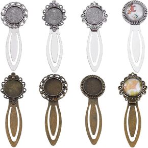 SUNNYCLUE 1 Box 16Pcs DIY 8 Sets Vintage Bookmark Metal Antique Bronze Silver Bookmark Bezel Tray Cabochon Bookmarks Making Kit Glass Cabochons Book Mark Blanks Bookmark Bezels for Adults DIY Crafts