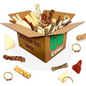 50-Piece Premium Dog Chew Assortment - Natural & Long-Lasting Treats | Includes Beef Ears, Bully Sticks, Collagen Sticks, Trachea Bones & More