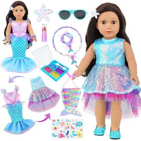 American 18 Inch Doll Makeup Accessories and Mermaid Clothes Set,Included 2 Pieces Clothes,Mermaid Messenger Bag, Starfish Hairpin, Sunglasses, Lipstick, Necklace, Bracelet, Eye Shadow and Sticker