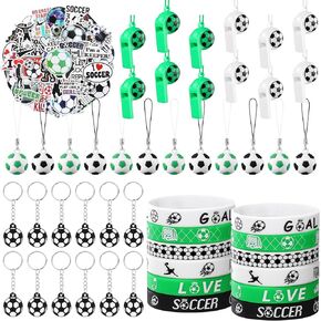 Aoriher 120 Pcs Soccer Party Favors Set Soccer Goodie Bags Stuffers Mini Ball Toys Stickers Whistle Silicone Bracelet Luminous Tattoo Keychain Team Sport Birthday Gifts Party Supplies and Decorations