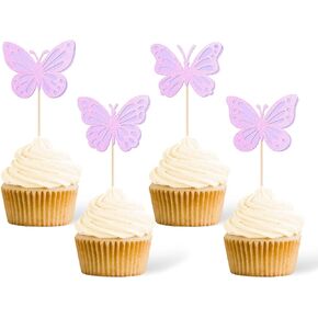Gexolenu 24 Pcs Purple Glitter 3D Butterfly Cupcake Toppers and Picks for Girl Boy Baby Shower Cake Decorations, Kids Birthday Party Supplies