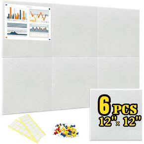 Small Cork Board Alternative - 6 Pack Felt Wall Tiles, 36"x24" Cork Boards for Walls with 35 Push Pins & Removable Adhesive Tabs, Modern Pin Board for Office & Home (White)