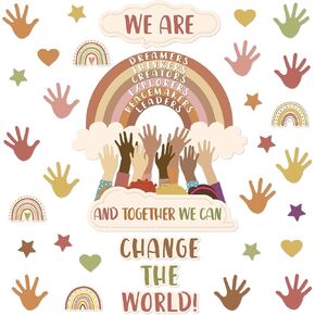 118 Pcs One World Together Classroom Decorations Positive Rainbow Cutouts Motivational Bulletin Board Set Inspirational Classroom Wall Chalkboard Door Decor for Back to School Teacher Supplies
