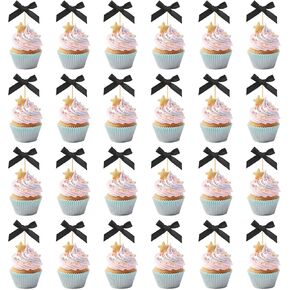 24pcs Black Bow Cupcake Toppers, Coquette Ribbon Bow Birthday Cake Topper Cute Bowknot Cupcake Picks Birthday Party Decorations for Bachelorette Baby Shower Wedding Decor