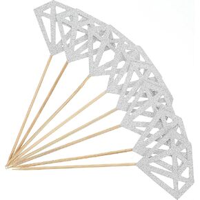 50pcs Glitter Diamond Cupcake Toppers Decorations for Wedding Bridal Shower, Cupcake Picks, Engagement Anniversary, Cake Ring, Valentines Party Cake - Cardboard Flags 5.12 x 1.97 Inches (Silver