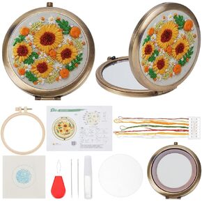 WEBEEDY DIY Embroidery Mirror Set Handmade Foldable Mirror Embroidery Starter Kit with Flower Printed Pattern,Embroidery Hoop,Thread for Beginners Women Unique Stitchwork Gift(Sunflower)