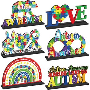 6 Pcs Autism Awareness Table Decor Autism Awareness Day Standing Wooden Centerpieces Decoration April Puzzle Pieces Letter Sign Home School Office Bedroom Decor for Shelf Desk
