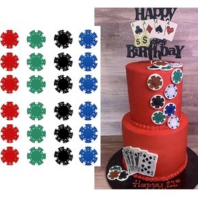 24 Edible Poker Chip Cupcake Toppers – 1.5 Inch DIY Uncut Wafer Paper Decorations for Casino Night, Las Vegas Birthday Party, Poker Themed Cake, Adult Game Night or Vegas Bachelorette Decor