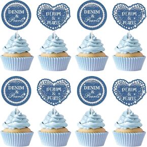 Denim and Pearls Party Decoration, 36pcs Denim and Pearls Cupcake Toppers, 2 Styles, Blue and White, Ideal for Parties, Birthdays, Bridal Showers, Engagements, Weddings