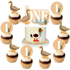 Mallard Duck 1st Birthday Cupcake Toppers One Cake Toppers Duck Themed Cake Decorations 1st Happy Birthday Party Decorations for Boys Girls Baby Shower Mallard Duck First Birthday Party Decor Supplies
