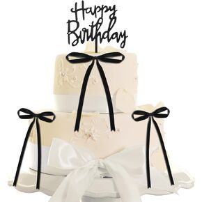 10Pcs Black Bow Cake Toppers with Happy Birthday Sign Bowknot Themed Cake Topper Decorations Ribbion Bowknot Cupcake Topper Black Bow Accessory for Girls Women Wedding Anniversary Party