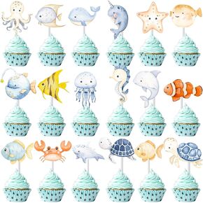 36 PCS Under the Sea Cake Decorations Sea Animals Party Cupcake Sticks Cartoon Sea Animals Baby Birthdays Party Cake Decoration Supplies