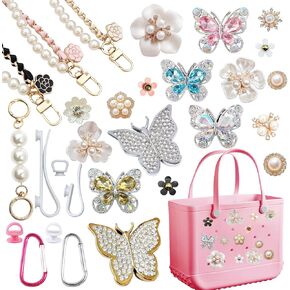 Charms for Bogg Bag (29 Pcs),Pearls and Butterfly Flowers for Bogg Bag Accessories Charms Compatible with Simply Southern Beach Bag Tote, Insert for Beach Tote Bag