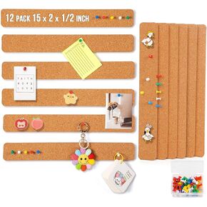 12 Pack Cork Board Strips for Walls Office, 15 x 2 Inch, 1/2 Inch Thick, Self Adhesive Cork Board with 50 Push Pins for Paste Notes Photos Home School Decor