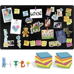 Large Bulletin Board 36 x 18 Inches - Foldable Felt Bulletin Board for Wall, Cork Board Alternative with 50 Color Pins & 6 Note Pads, Vision Board - Black