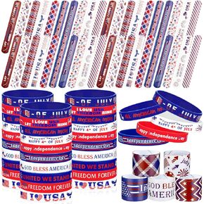 60 Pcs 4th of July Slap Bracelets and Silicone Wristband for Kids American Patriotic Party Favors Supplies Independence Day Decorations Accessories Red White Blue