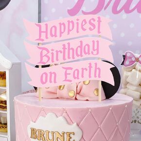 Happiest Birthday on Earth Cake Topper - Minnie Theme Cake Topper for Baby Girl, Mouse Birthday Cake Decoration, Minnie Mouse Cake Smash Photo Props