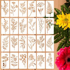 24 PCS Flower Stencils Reusable Stencils for Painting Flower Drawing Stencil for Paper Canvas Wood DIY Home Wall Furniture Decor, 6×3inch
