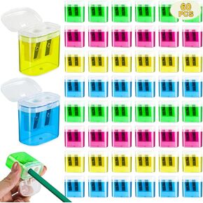 60 Piece Pencil Sharpener Bulk, Manual Dual Holes Pencil Sharpeners for Kids, 4 Colorful Handheld Pencil Sharpeners with Lid Portable Compact for School Supplies Classroom Office Students Home