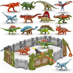 12PCS Mini Dinosaurs Figurines Toys with Dinosaur Trainning Fence Play Toys Set for Kids 3-5 5-7, Capture n Escape Jurassic Dino World Playset, including 12 Jurassic Dinosaur Fences Gates 2 Blasters