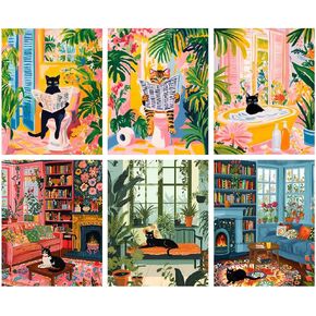 6 Pack Cat Paint by Numbers Kit for Adults Without Frame,Funny Black Cat DIY Adults' Paint-by-Number Kits on Canvas,Easy Acrylic Painting Beginners Decor 9.8x13.8 Inch