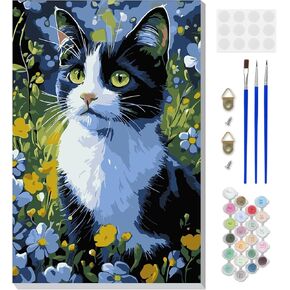 DOMROM Framed Paint by Numbers Kit for Adults Beginners with Wooden Easel, Animal Cat Paint by Number Kit on Canvas, DIY Oil Painting Kits for Home Wall Decor Gift 8x12in