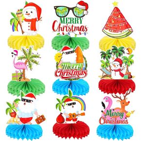 HOWAF 9Pcs Summer Christmas Decorations Honeycomb Centepieces, Hawaiian Christmas Party Table Toppers Centerpieces Mele Kalikimaka Decorations Flamingo Tropical Christmas Decorations