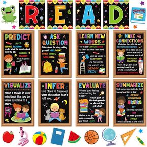 WJFNKXKL 28 Pieces Reading Strategy Posters Classroom Decorations Reading Strategy Bulletin Board Set for School Classroom Home Decoration Supplies