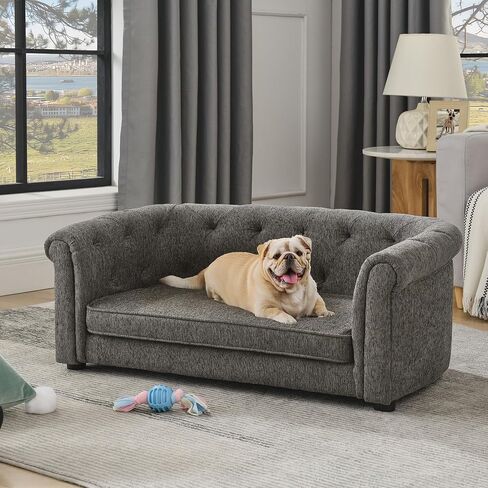 Ball & Cast Dog Couch, Comfortable Dog Sofa Bed with Arc-Shaped Backrest and Armrests for Medium and Large Dogs, Linen Cozy Soft Cushion Pet Bed, Dark Grey in Saudi Arabia