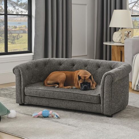 Ball & Cast Dog Couch, Comfortable Dog Sofa Bed with Arc-Shaped Backrest and Armrests for Medium and Large Dogs, Linen Cozy Soft Cushion Pet Bed, Dark Grey in Saudi Arabia