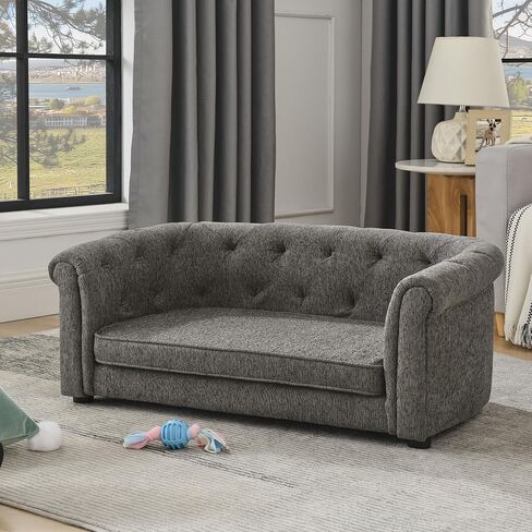 Ball & Cast Dog Couch, Comfortable Dog Sofa Bed with Arc-Shaped Backrest and Armrests for Medium and Large Dogs, Linen Cozy Soft Cushion Pet Bed, Dark Grey in Saudi Arabia