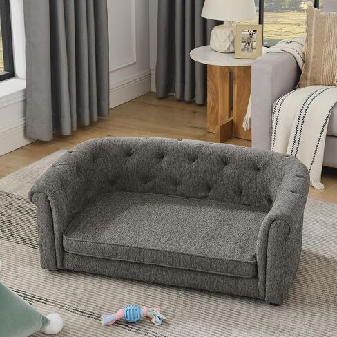 Ball & Cast Dog Couch, Comfortable Dog Sofa Bed with Arc-Shaped Backrest and Armrests for Medium and Large Dogs, Linen Cozy Soft Cushion Pet Bed, Dark Grey in Saudi Arabia