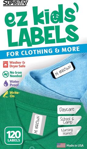 ملصقات ملابس Ez Kids + قلم تحديد دائم | لاصق ذاتي بدون كي للكتابة | عظيم للأطفال والكبار | آمنة للاستخدام في الغسالة والمجفف | المعسكر، الرعاية التمريضية، التنظيم، جميع الأغراض | 1 ورقة 60 ملصقات فارغة in Kuwait