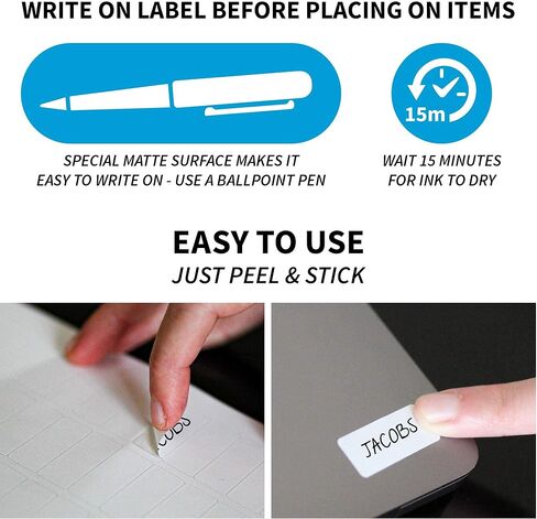 ملصقات ملابس Ez Kids + قلم تحديد دائم | لاصق ذاتي بدون كي للكتابة | عظيم للأطفال والكبار | آمنة للاستخدام في الغسالة والمجفف | المعسكر، الرعاية التمريضية، التنظيم، جميع الأغراض | 1 ورقة 60 ملصقات فارغة in Kuwait