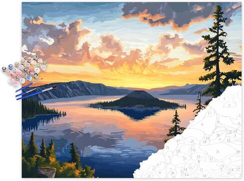 Crater Lake Paint by Numbers for Adults, Oregon Paint by Number Kits, Nature Scenery Travel Gifts, DIY Oil Canvas Painting, Home Wall Decor - Sunset Lake Mountains Trees Landscape(16x20inch) in Kuwait