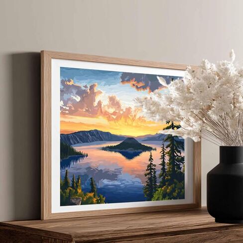 Crater Lake Paint by Numbers for Adults, Oregon Paint by Number Kits, Nature Scenery Travel Gifts, DIY Oil Canvas Painting, Home Wall Decor - Sunset Lake Mountains Trees Landscape(16x20inch) in Kuwait